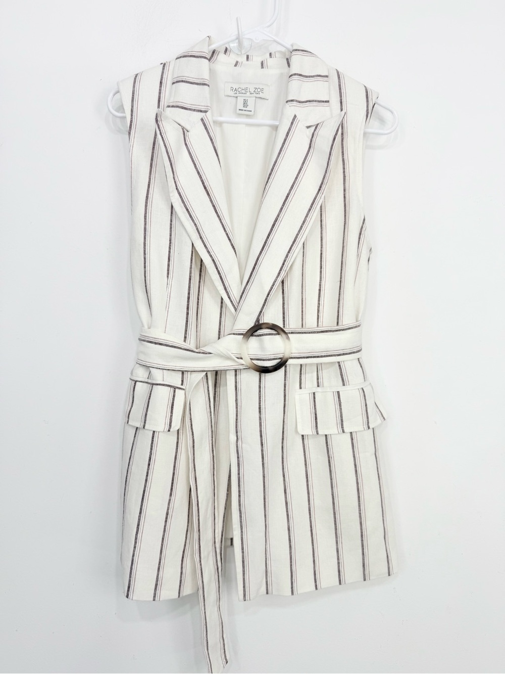 Rachel Zoe White Wine Vertical Stripe Linen Blend Sleeveless Coastal Belted Vest